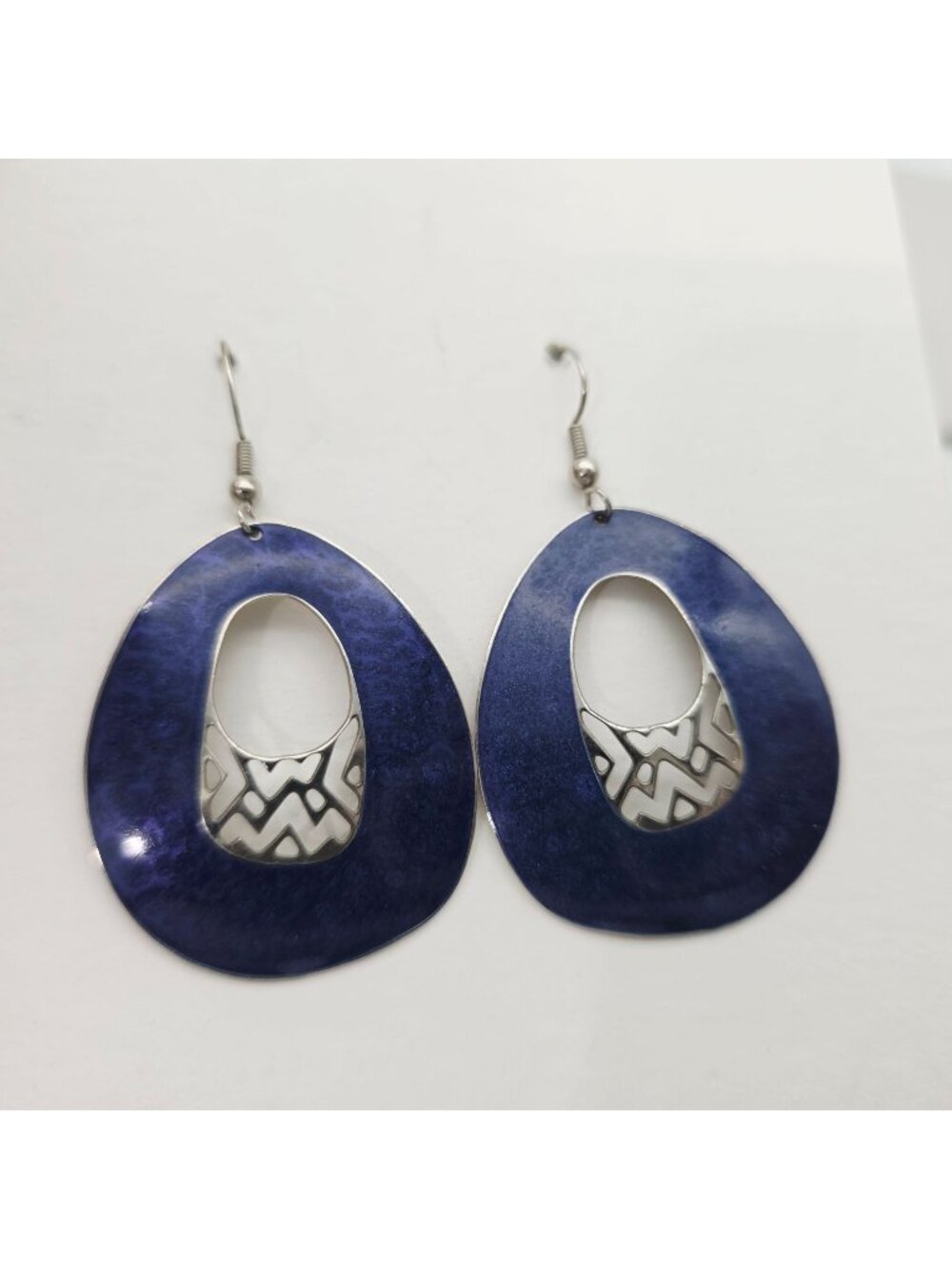 Blue Enamel on Silver Oval Drop Earrings With Geometric Cutout Design Barebi